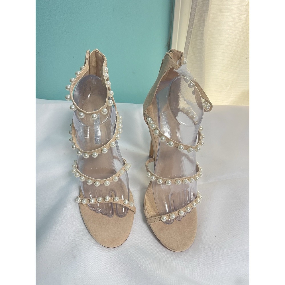Liliana Womens Size 10 Tan Romey Pearl Stiletto Heel Sandals Ankle Strap BinC